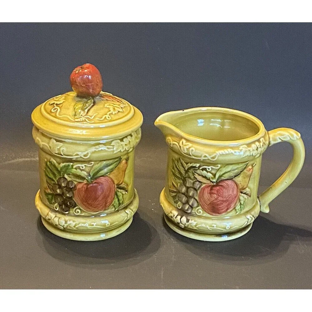 GEO Z LEFTON Vintage 3 Piece 3743 Yellow Creamer‎ & Sugar-Apples/Pears/Grapes